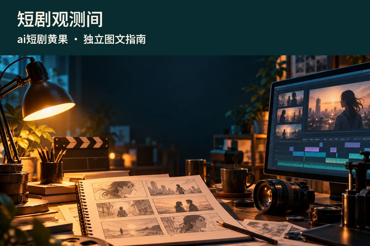 短剧观测间的影像与阅读工作空间示意，画面为原创场景插画而非平台截图